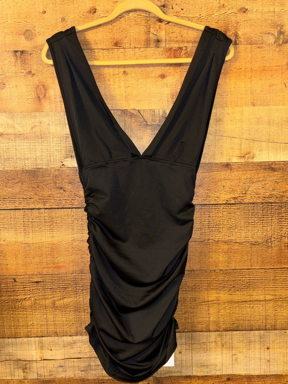 Zeflows black ruched Deep Cleavage Mini Dress